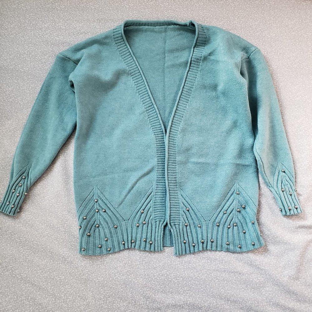 Teal Beaded Accent Cardigan Sweater